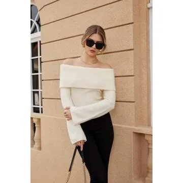 MakeMeChic Women's Off Shoulder Fold Over Long Sleeve Sweater Pullover Tops Beige XS