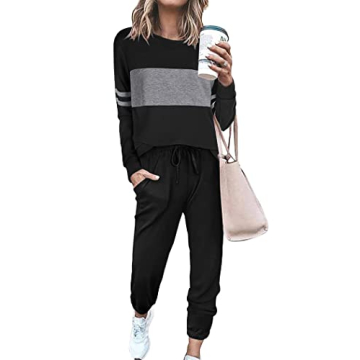 PRETTYGARDEN Women's Color Block 2 Piece Tracksuit Crewneck Long Sleeve Tops Long Sweatpants Outfits Lounge Sets(Black,Medium)