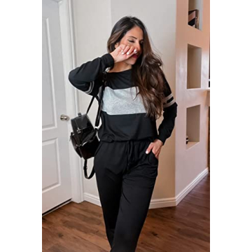 PRETTYGARDEN Women's Color Block 2 Piece Tracksuit Crewneck Long Sleeve Tops Long Sweatpants Outfits Lounge Sets(Black,Medium)