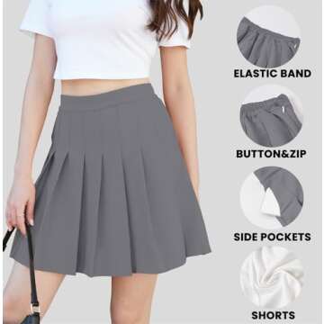 Womens Grey Plaid Pleated Skirt for School and Cosplay