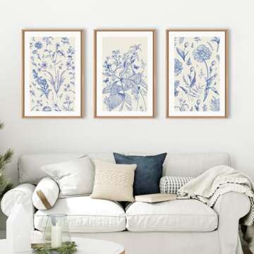 KAIRNE Classic Chinoiserie Framed Canvas Wall Art Set, Blue Watercolor Flower Wall Decor, Blue and W...