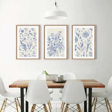 KAIRNE Classic Chinoiserie Framed Canvas Wall Art Set, Blue Watercolor Flower Wall Decor, Blue and White Plant Wall Painting, Minimalist Floral Art Print for Living Room, Bedroom, Office - 16"×24"×3