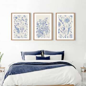 KAIRNE Classic Chinoiserie Framed Canvas Wall Art Set, Blue Watercolor Flower Wall Decor, Blue and White Plant Wall Painting, Minimalist Floral Art Print for Living Room, Bedroom, Office - 16"×24"×3