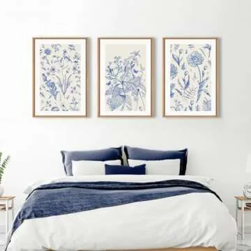 KAIRNE Classic Chinoiserie Framed Canvas Wall Art Set, Blue Watercolor Flower Wall Decor, Blue and White Plant Wall Painting, Minimalist Floral Art Print for Living Room, Bedroom, Office - 16"×24"×3