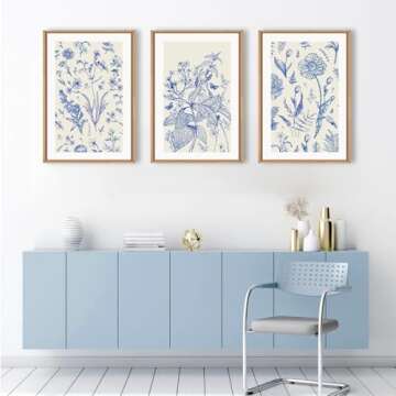 KAIRNE Classic Chinoiserie Framed Canvas Wall Art Set, Blue Watercolor Flower Wall Decor, Blue and White Plant Wall Painting, Minimalist Floral Art Print for Living Room, Bedroom, Office - 16"×24"×3