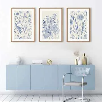 KAIRNE Classic Chinoiserie Framed Canvas Wall Art Set, Blue Watercolor Flower Wall Decor, Blue and White Plant Wall Painting, Minimalist Floral Art Print for Living Room, Bedroom, Office - 16"×24"×3