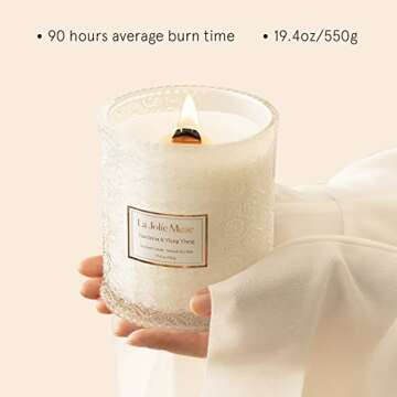 LA JOLIE MUSE Gardenia & Ylang Ylang Scented Candle, Mother Day Candle Gift, Soy Candle for Home, Candles for Women, Large Glass Jar Candle Gift, Wood Wick Candle, 90 Hours Long Burning Time, 19.4 oz