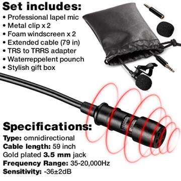 Lavalier Microphone - Professional Lapel Mic For Recording Interview, Podcast, Speech, Vlog, Video, Youtube - External Mic For IPhone, Android, Laptop - Pro Grade Lapel Microphone - Clip On Microphone