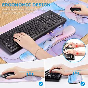 iCasso XXL Mouse pad, Gaming Mouse Pad Wrist Support Set,4in1 Desk Mat+ Keyboard Wrist Rest+Mouse Wrist Rest+Coaster Set with Ergonomic Design for Home Office Table Computer-Blue Marble
