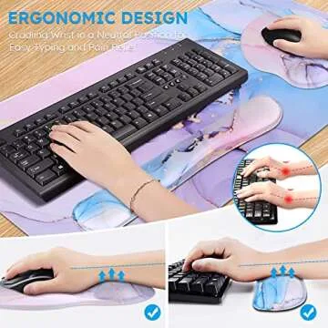 iCasso XXL Mouse pad, Gaming Mouse Pad Wrist Support Set,4in1 Desk Mat+ Keyboard Wrist Rest+Mouse Wrist Rest+Coaster Set with Ergonomic Design for Home Office Table Computer-Blue Marble