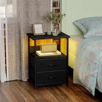 Fixwal Night Stand with Charging Station, LED Nightstand with U-S-B Ports and Outlets, 2 Fabric Stor...