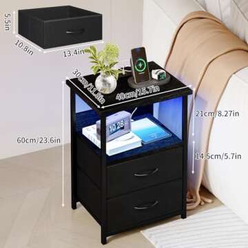 Fixwal Night Stand with Charging Station, LED Nightstand with U-S-B Ports and Outlets, 2 Fabric Storage Drawers with PU Finish, Bedside Table, Black