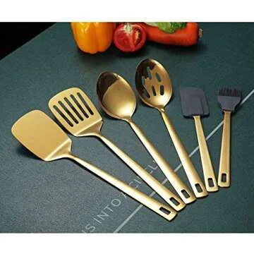 Gold Cooking Spoons, Berglander 6 Pieces Spatula Set Stainless Steel, Metal Spatula, Serving Spoon, Kitchen Tools Set Non-Stick And Heat Resistant, Dishwasher Safe, Easy to Clean (6 Packs)