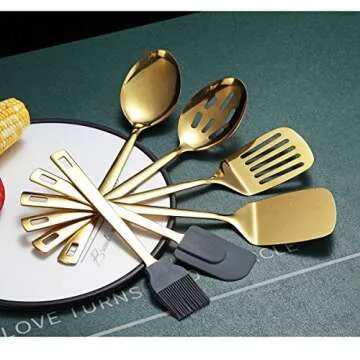 Gold Cooking Spoons, Berglander 6 Pieces Spatula Set Stainless Steel, Metal Spatula, Serving Spoon, Kitchen Tools Set Non-Stick And Heat Resistant, Dishwasher Safe, Easy to Clean (6 Packs)