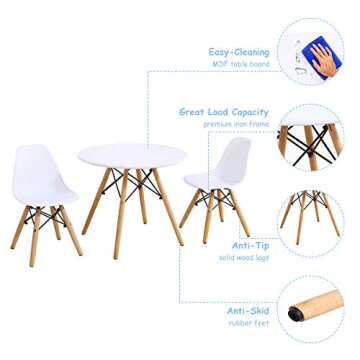 Costzon Kids Table and Chair Set, 3-Piece Kids Mid-Century Modern Style Table Set with Wood Legs for Dining Drawing Playing, Toddler Table and Chairs (White, Table & 2 Chairs)
