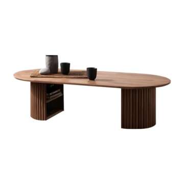 LAKIQ Modern Wood Coffee Table with Storage Shelf Living Room Center Table Wooden Cocktail Table with Double Pedestal (Oval, 39.4" L x 23.5" W x 16" H)