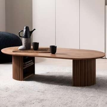 LAKIQ Modern Wood Coffee Table with Storage Shelf Living Room Center Table Wooden Cocktail Table with Double Pedestal (Oval, 39.4" L x 23.5" W x 16" H)
