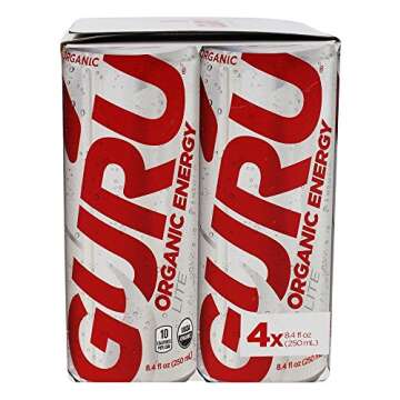 Guru Lite Organic Low Calorie Energy Drink with Green Tea, 8.4 Ounce, Stevia & Monk Fruit (Pack of 4)