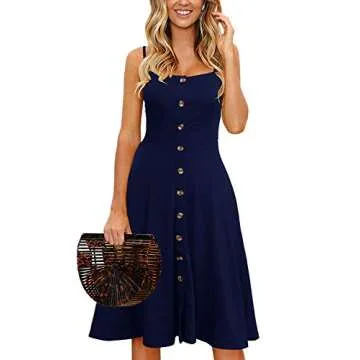 Berydress Women's Casual Beach Summer Dresses Solid Cotton Flattering A-Line Spaghetti Strap Button Down Midi Sundress (M, 6046-Navy)