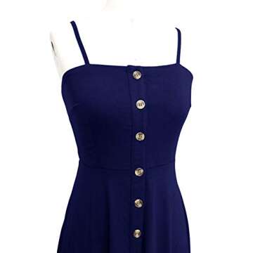 Berydress Women's Casual Beach Summer Dresses Solid Cotton Flattering A-Line Spaghetti Strap Button Down Midi Sundress (M, 6046-Navy)
