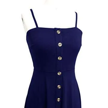 Berydress Women's Casual Beach Summer Dresses Solid Cotton Flattering A-Line Spaghetti Strap Button Down Midi Sundress (M, 6046-Navy)