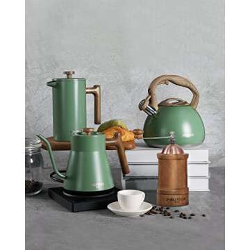 POLIVIAR Electric Gooseneck Kettle, 1200W Electric Tea Kettle Real Wood Handle, 34oz Pour Over Electric Kettle for Coffee & Tea, 18/8 Stainless Steel Inner, Temperature Control & Rapid Heating