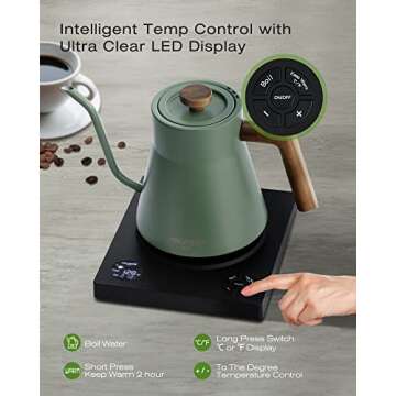 POLIVIAR Electric Gooseneck Kettle, 1200W Electric Tea Kettle Real Wood Handle, 34oz Pour Over Electric Kettle for Coffee & Tea, 18/8 Stainless Steel Inner, Temperature Control & Rapid Heating