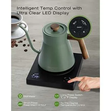 POLIVIAR Electric Gooseneck Kettle, 1200W Electric Tea Kettle Real Wood Handle, 34oz Pour Over Electric Kettle for Coffee & Tea, 18/8 Stainless Steel Inner, Temperature Control & Rapid Heating