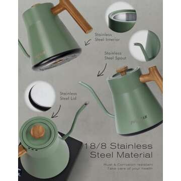 POLIVIAR Electric Gooseneck Kettle, 1200W Electric Tea Kettle Real Wood Handle, 34oz Pour Over Electric Kettle for Coffee & Tea, 18/8 Stainless Steel Inner, Temperature Control & Rapid Heating