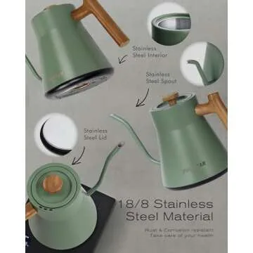 POLIVIAR Electric Gooseneck Kettle, 1200W Electric Tea Kettle Real Wood Handle, 34oz Pour Over Electric Kettle for Coffee & Tea, 18/8 Stainless Steel Inner, Temperature Control & Rapid Heating