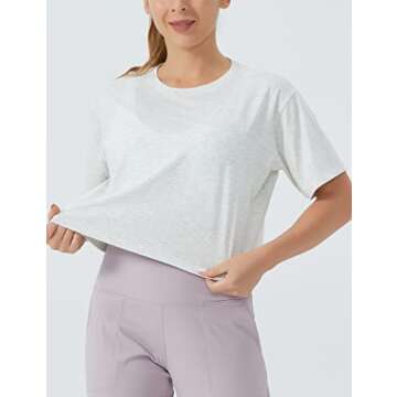 THE GYM PEOPLE Women's Workout Crop Top T-shirt Short Sleeve Boxy Yoga Running Cropped Basic Tee Heather White