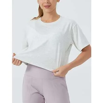 THE GYM PEOPLE Women's Workout Crop Top T-shirt Short Sleeve Boxy Yoga Running Cropped Basic Tee Heather White