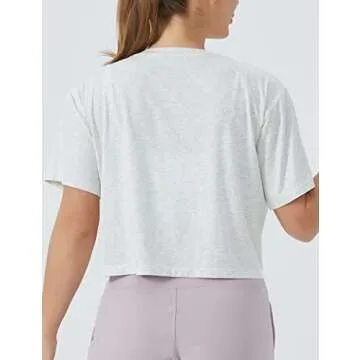 THE GYM PEOPLE Women's Workout Crop Top T-shirt Short Sleeve Boxy Yoga Running Cropped Basic Tee Heather White