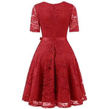 DRESSTELLS Lace Graduation Dress for Women, 2024 Semi Formal Wedding Guest Dress, Modest Church Dress, Cocktail Prom Midi Dress Red M