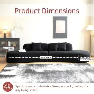 Container Furniture Direct 132" Curved Sofa with Throw Pillows, 6 Seater Luxury Velvet Couch with Half Moon Design and High-Density Foam, Ideal for Modern Living Room, Office and Apartment, Black