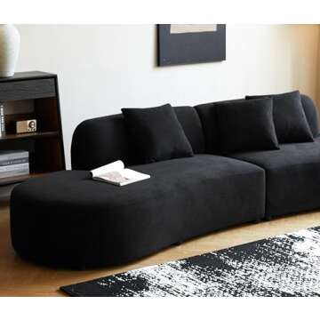 Container Furniture Direct 132" Curved Sofa with Throw Pillows, 6 Seater Luxury Velvet Couch with Half Moon Design and High-Density Foam, Ideal for Modern Living Room, Office and Apartment, Black