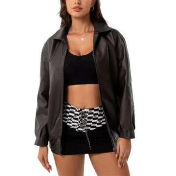 hathne Women's Oversized Leather Jackets Faux Zip Up Fall Fashion Motorcycle Jackets Coats Winter Cl...