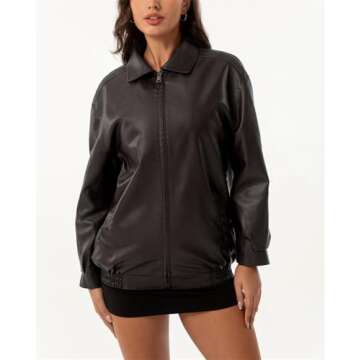 hathne Women's Oversized Leather Jackets Faux Zip Up Fall Fashion Motorcycle Jackets Coats Winter Clothes(Coffee,L)