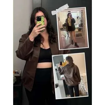 hathne Women's Oversized Leather Jackets Faux Zip Up Fall Fashion Motorcycle Jackets Coats Winter Clothes(Coffee,L)