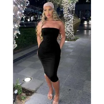 BORIFLORS Women's Basic Sleeveless Tube Top Sexy Strapless Bodycon Midi Club Dress,Medium,Black