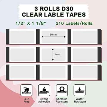 Phomemo D30 Thermal Label, Self-Adhesive Transparent Label (14mm * 30mm) - 3 Rolls (210 Labels Each)