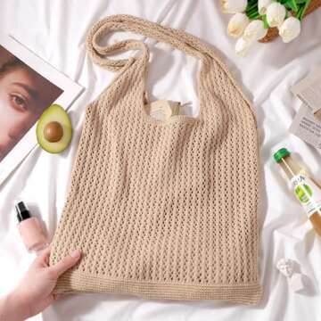 EIMMBD Crochet Beach Tote Bag for Women in Khaki