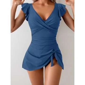 Aidonger One Piece Swimdress Tummy Control Ruffle Swimsuit for Women Tie Knot Swim Dresses V Neck Bathing Suit Skirt Bright Blue