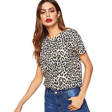 SweatyRocks Women's Leopard Print Short Sleeve Round Neck Casual T Shirt Tops (Medium, Multicolor #3)