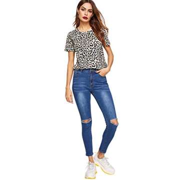 SweatyRocks Women's Leopard Print Short Sleeve Round Neck Casual T Shirt Tops (Medium, Multicolor #3)