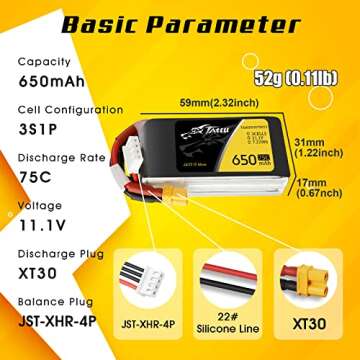 Tattu 11.1V 650mAh 75C 3S1P LiPo Battery Pack with XT30 Plug for 90 to 180 Size, Torrent 110, Lizard 95 Quadcopters