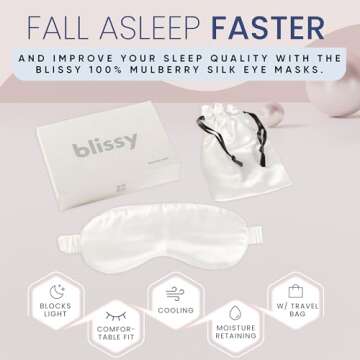 Blissy Silk Sleep Mask - Silk Eye Sleeping Mask for Women & Men for Total Blackout - 100% Pure Mulberry Silk, 22 Momme 6a Fibers - Blindfold Silk Sleep Mask Side Sleeper Eye Cover (White)