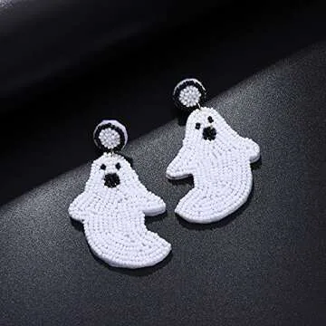 NVENF Halloween Earrings Spooky Beaded Ghost Pumpkin Dangle Earrings for Women Handmade Bead Drop Earring Studs Costume Themed Party Jewelry Gifts (Ghost)
