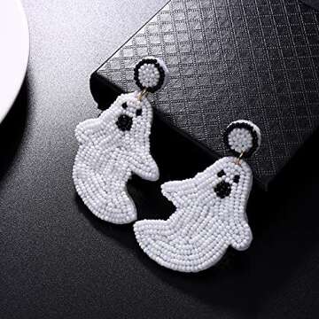 NVENF Halloween Earrings Spooky Beaded Ghost Pumpkin Dangle Earrings for Women Handmade Bead Drop Earring Studs Costume Themed Party Jewelry Gifts (Ghost)