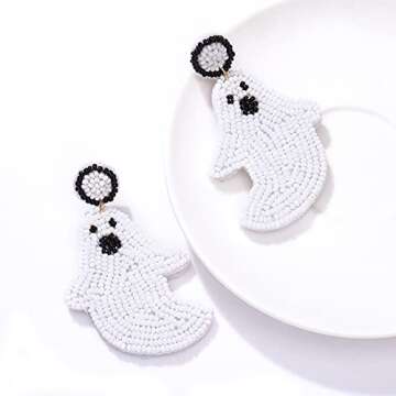 NVENF Halloween Earrings Spooky Beaded Ghost Pumpkin Dangle Earrings for Women Handmade Bead Drop Earring Studs Costume Themed Party Jewelry Gifts (Ghost)